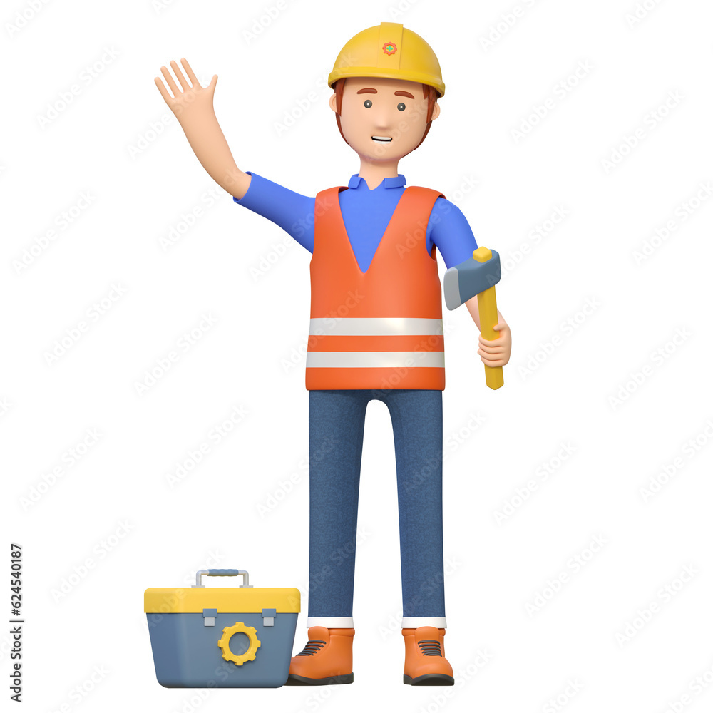 construction worker carrying axe and toolbox 3d cartoon character illustration