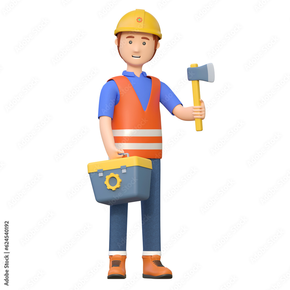 construction worker carrying axe and toolbox 3d cartoon character illustration