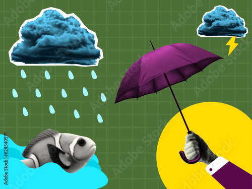 rainy day with hand holding umbrella cloud fish in puddle collage contemporary composition bright grunge halftone template banner retro magazine style