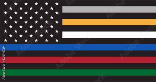 Police, EMS, Military, Firefighters, corrections officers flag. Patriotic symbol.
