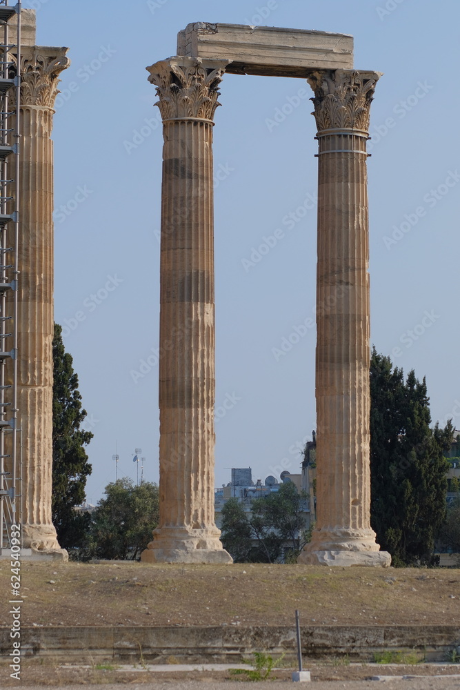 Ancient Greek columns restored on old ruins in Athens, Greece