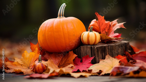 Pumpkins and autumn leaves on an old tree stump  autumn  fall  Thanksgiving  Halloween