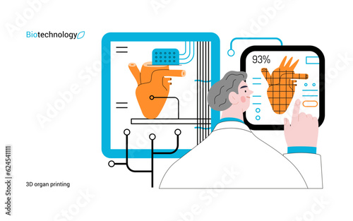 Bio Technology, 3D organ printing -modern flat vector concept illustration of 3D printer creating a human heart. Metaphor of technology in organ transplantation and the future of regenerative medicine