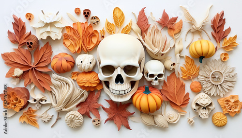 Skulls and pumpkins and fall leaves with a white background