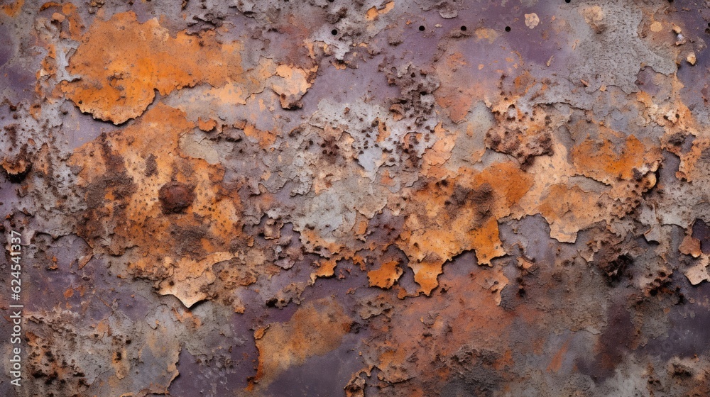 a horizontal abstract background, of rusted metal, with cool lavender and warm rust orange highlights, tactile, uneven texture for product display/mock-up.  Decor-themed in a JPG format. Generative AI