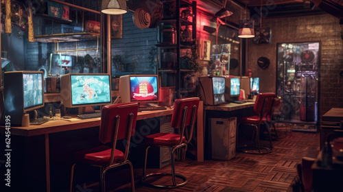 High-end Internet cafe with modern computers for playing video games