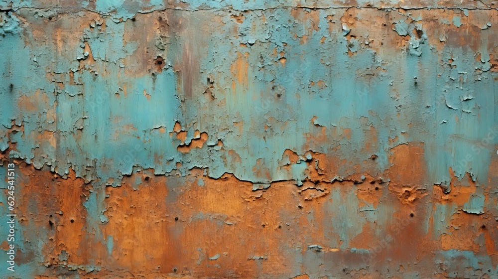 a horizontal abstract background, of rusted metal, with cool turquoise and warm rust-orange highlights, tactile, uneven texture for product display/mock-up. Decor-themed in a JPG format. Generative a horizontal abstract background, of rusted metal, with cool turquoise and warm rust-orange highlights, tactile, uneven texture for product display/mock-up. Decor-themed in a JPG format. Generative