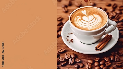  coffee, delicious hot drink in a white cup with coffee beans, promo banner for advertising. Minimal background. copyspace. Generative AI