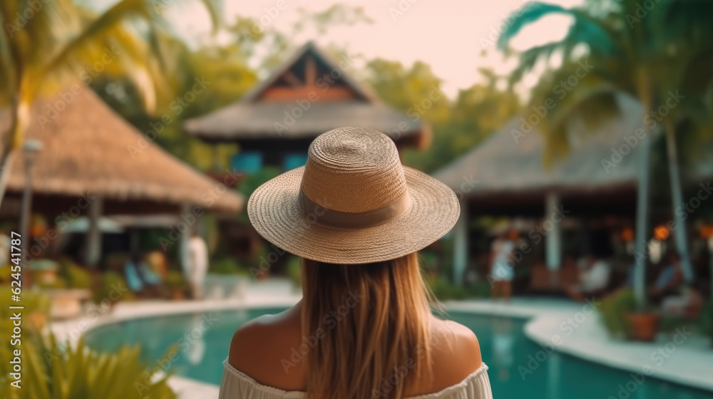 Back view of woman wearing hat at poolside on a tropical resort