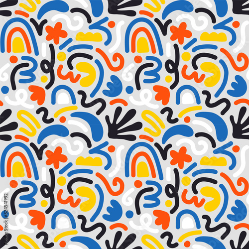 Hand drawn contemporary art collage with abstract shapes. Vector seamless pattern with Scandinavian cut out elements.