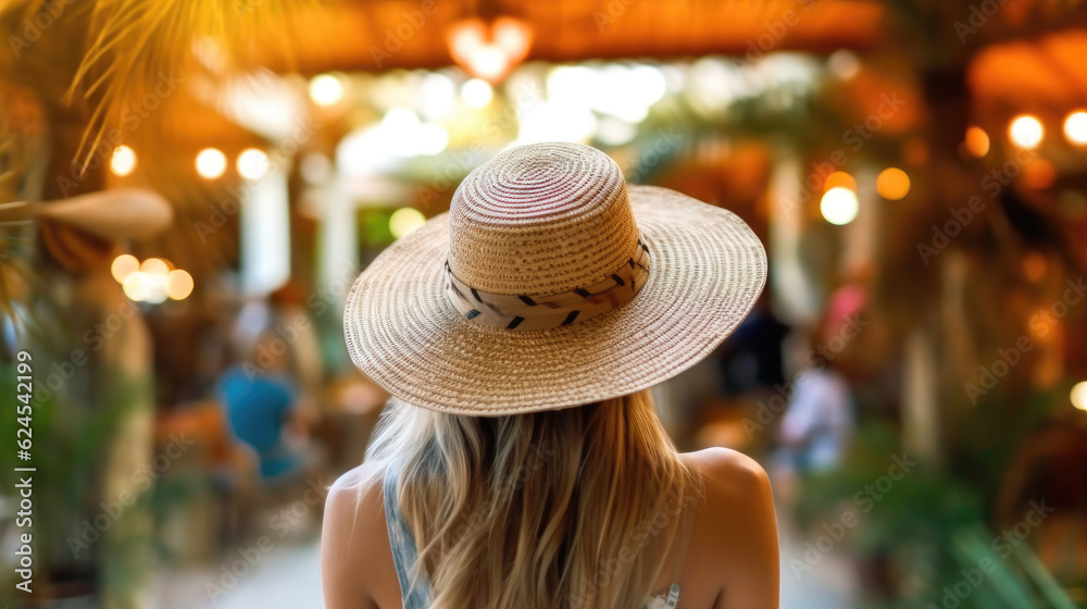Back view of woman wearing hat at poolside on a tropical resort