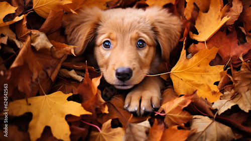 a cute puppy in a pile of autumn leaves