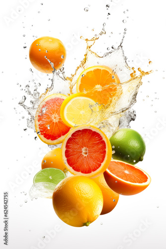 Fresh citrus fruits flying in water splash Isolated on white background. Copy Space. Generative AI