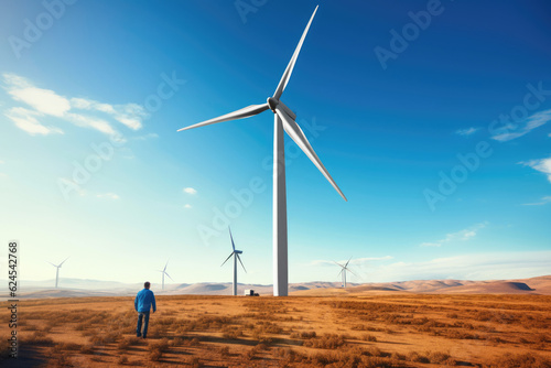 Back view of the silhouette of a man standing in the desert looking at the giant wind turbines in front of him. The concept of the ecology of the future, renewable resources