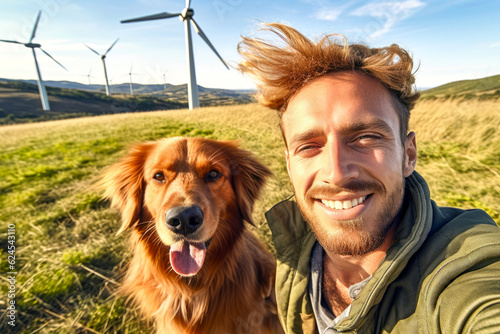 Smiling young attractive man and her dog, Golden retriever, takes a selfie against the backdrop of a nature landscape with wind turbines. Concept of ecology, sustainable resources and climate optimism
