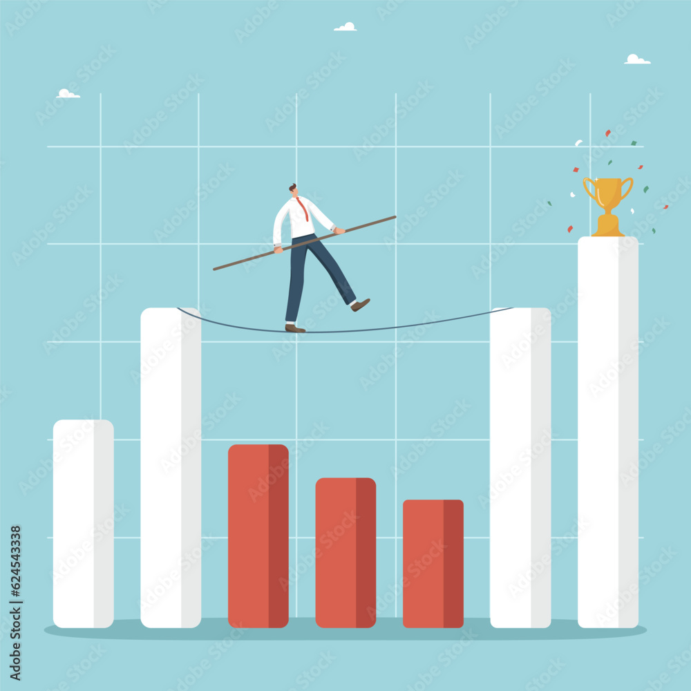 Choosing right strategy for increasing income and profits during economic crisis, analyzing and predicting changes in business, recovering a business after a recession, man walks a tightrope on graph. Choosing right strategy for increasing income and profits during economic crisis, analyzing and predicting changes in business, recovering a business after a recession, man walks a tightrope on graph.