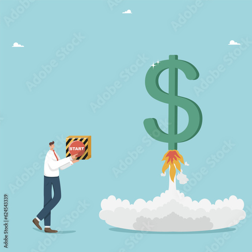 Financial and economic improvement, rapid growth of income and wages, profitable investment of funds, increase in the investment portfolio and savings, man using start button launches a dollar rocket.
