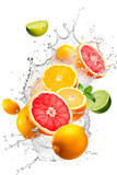 Fresh citrus fruits flying in water splash Isolated on white background. Copy Space. Generative AI
