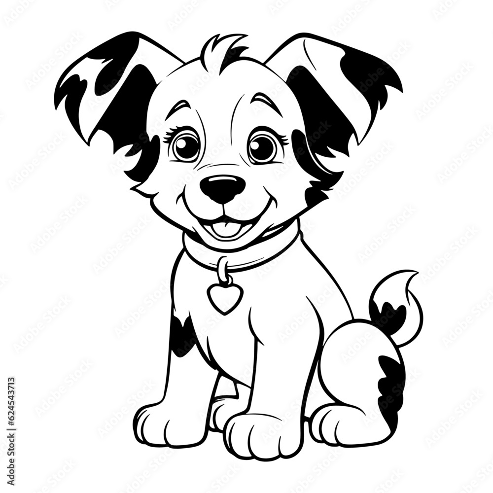 Fototapeta premium Border Colli black and white hand drawn cartoon portrait vector illustration. Funny puppy sitting and looking forward. Dogs, pets themed design element, icon, logo, coloring book page