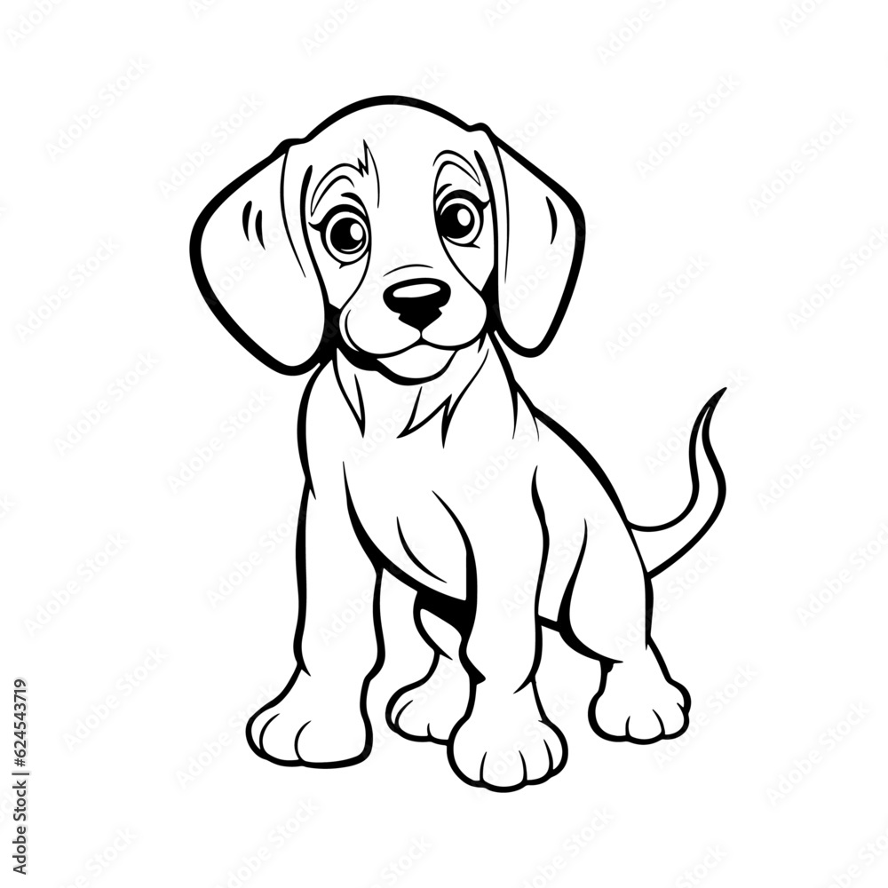 Dog Character Vector, Coloring Book Page with Dog, Coloring page outline of a cute puppy, coloring page with Animal character, activity book