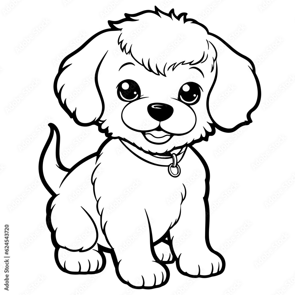 Cute Dog Coloring Book Page, outline black and white 