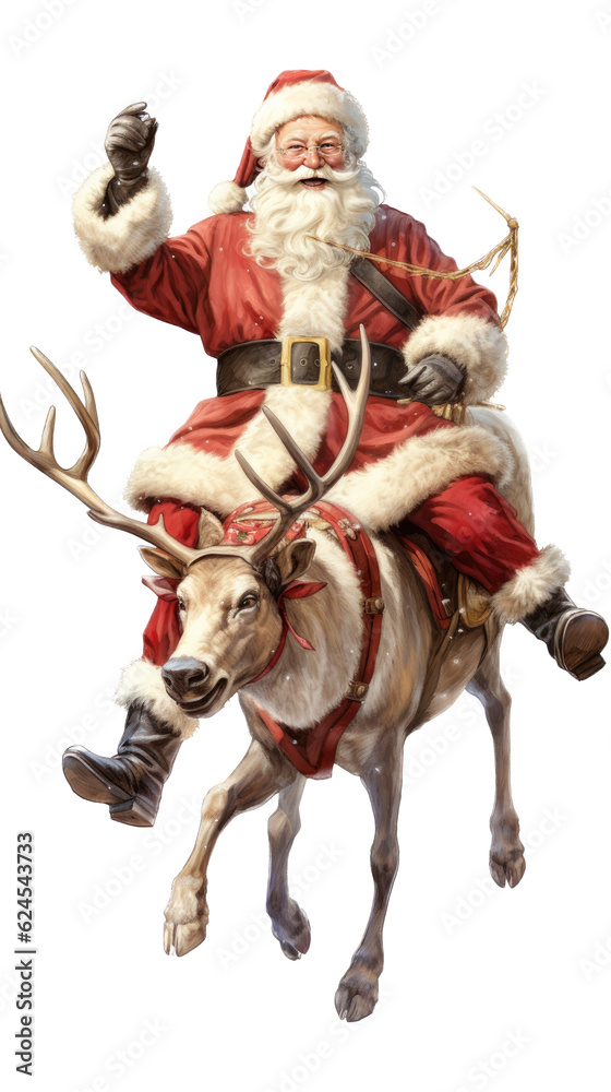 Santa Claus, riding one of his Reindeer carrying gifts and packages in his red and white outfit in a Christmas-themed, photorealistic illustration in a PNG format, cutout, and isolated. Generative AI Santa Claus, riding one of his Reindeer carrying gifts and packages in his red and white outfit in a Christmas-themed, photorealistic illustration in a PNG format, cutout, and isolated. Generative AI