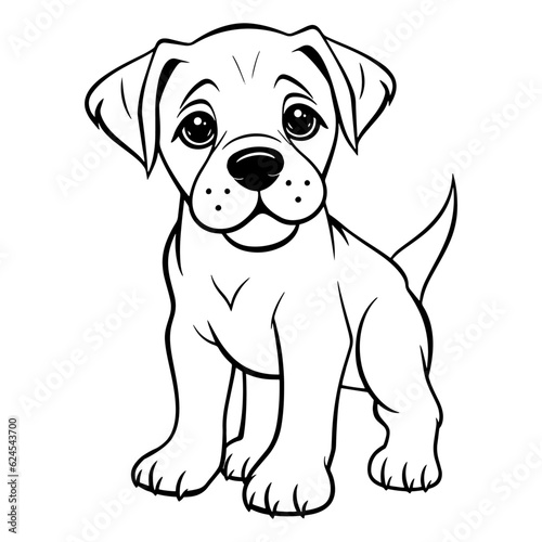 Boerboe bulldog black and white hand drawn cartoon portrait vector illustration. Funny Boerboel puppy standing and looking forward. Dogs, pets themed design element, icon, logo, coloring book page