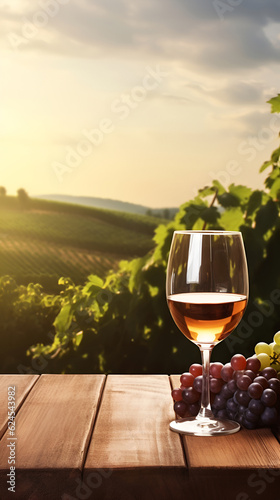 A glass of young rose wine stands on an empty wooden table with copy space against the backdrop of a vineyard with the rays of the setting sun. concept of wine production and tasting. Ai generative