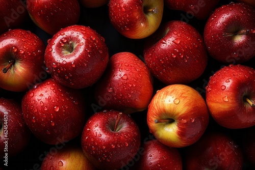 Apples in close-up red coloration. Apples, both fresh and red, set against a background of a dark texture. Apple with some water droplets on it. AI generative.