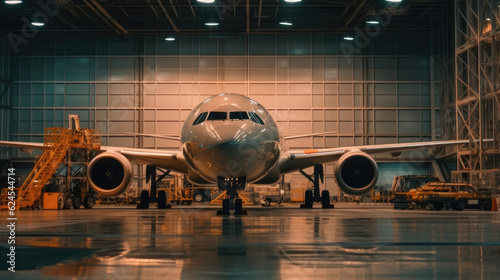 A passenger aircraft maintenance in a aiport hangar