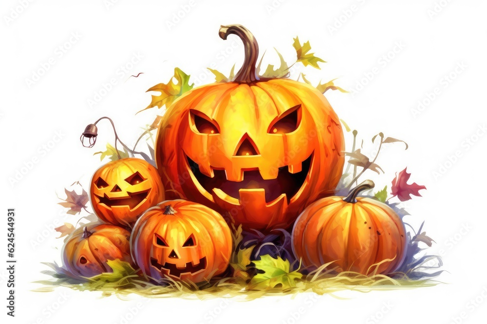 A glowing Halloween pumpkin isolated on a white background. day of the dead.