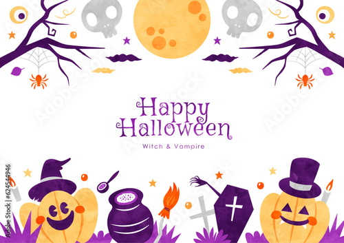 ハロウィンの背景フレーム かぼちゃの魔女と吸血鬼の水彩イラスト