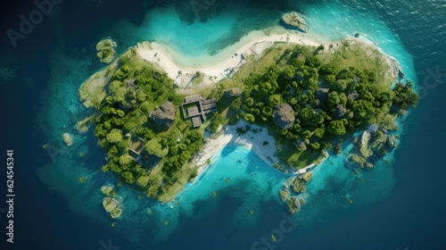 an Aerial top view of a Beautiful Island, in an Azure sea surrounded by emerald waters and lush tropical foliage, a birds-eye view in a Paradise-themed image as a JPG horizontal format. Generative AI