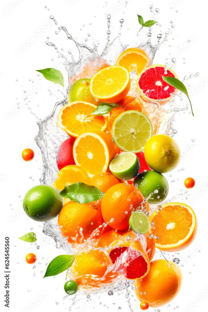 Fresh citrus fruits flying in water splash Isolated on white background. Copy Space. Generative AI Fresh citrus fruits flying in water splash Isolated on white background. Copy Space. Generative AI