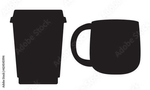 Two drink silhouettes, mug and papper cup in black color on white background for icons, webs, apps