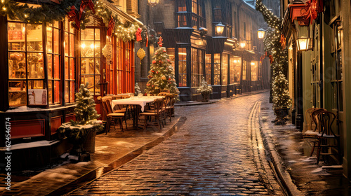 Street Decorated for Christmas in England in the 1900s - Generative AI © James Nesterwitz