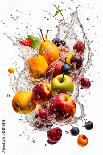 fruits and berries falling in water splash  isolated on white background. copy space. generative AI