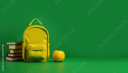 School backpack and books on a green background with space for text. Backpack is a symbol of education. Back to school. Free space for your decoration. 