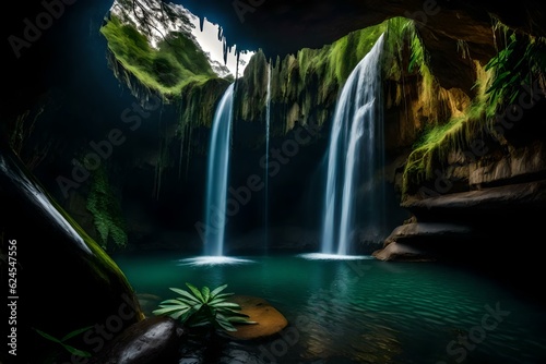 Waterfall showing from the inner side of a cave   Generative Ai technology