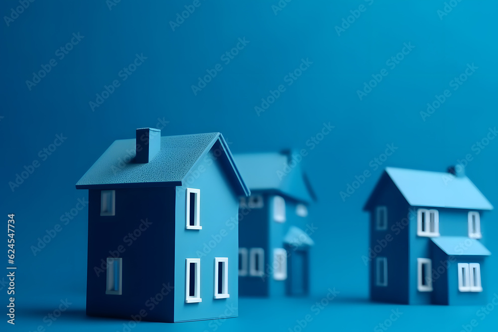 Miniature blue houses model on blue background Miniature blue houses model on blue background