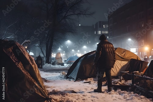 Homeless camp in tents set up on streets