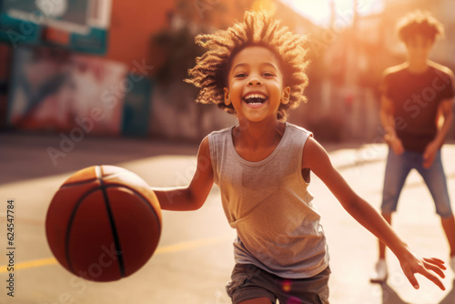 Boy Playing Basketball in Afternoon Sunlit Neighborhood