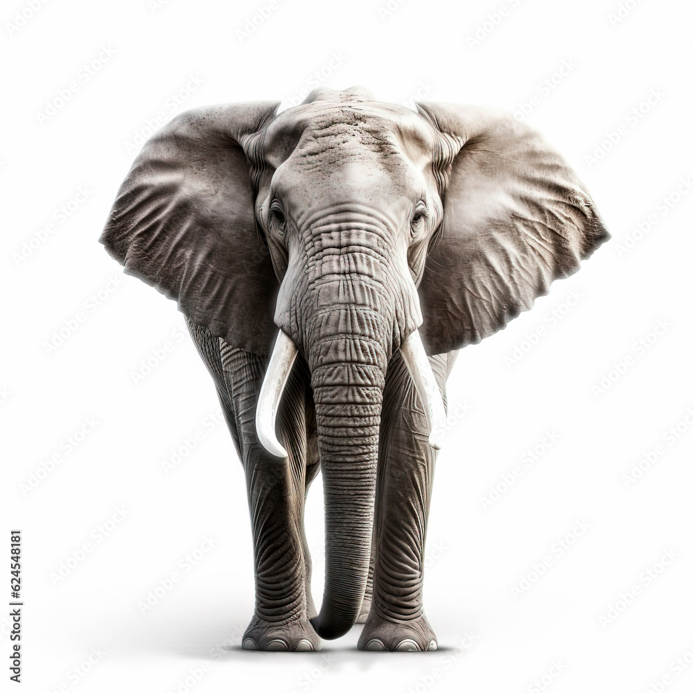 Studio portrait of an elephant on a white background with a strong plan. A large wild animal. Generative AI