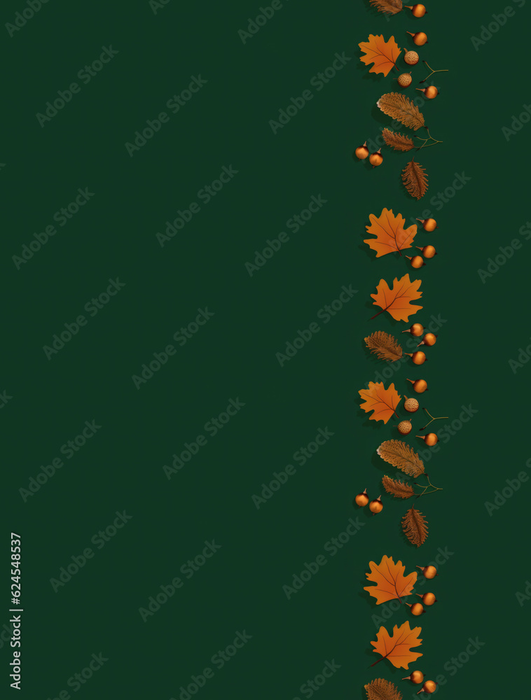 Orange autumn leaves on green background with space for text.