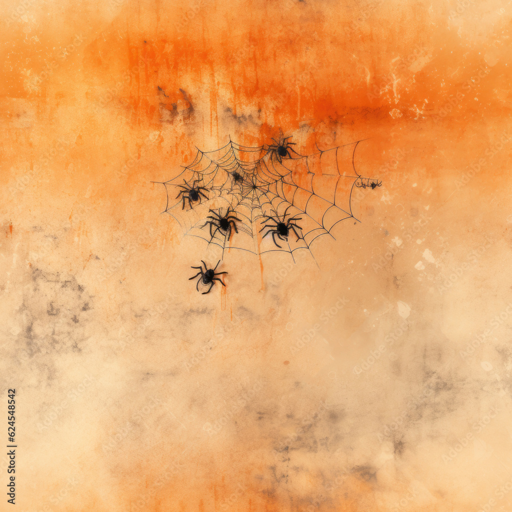 Halloween background with spiders on web on orange background. Halloween background with spiders on web on orange background.