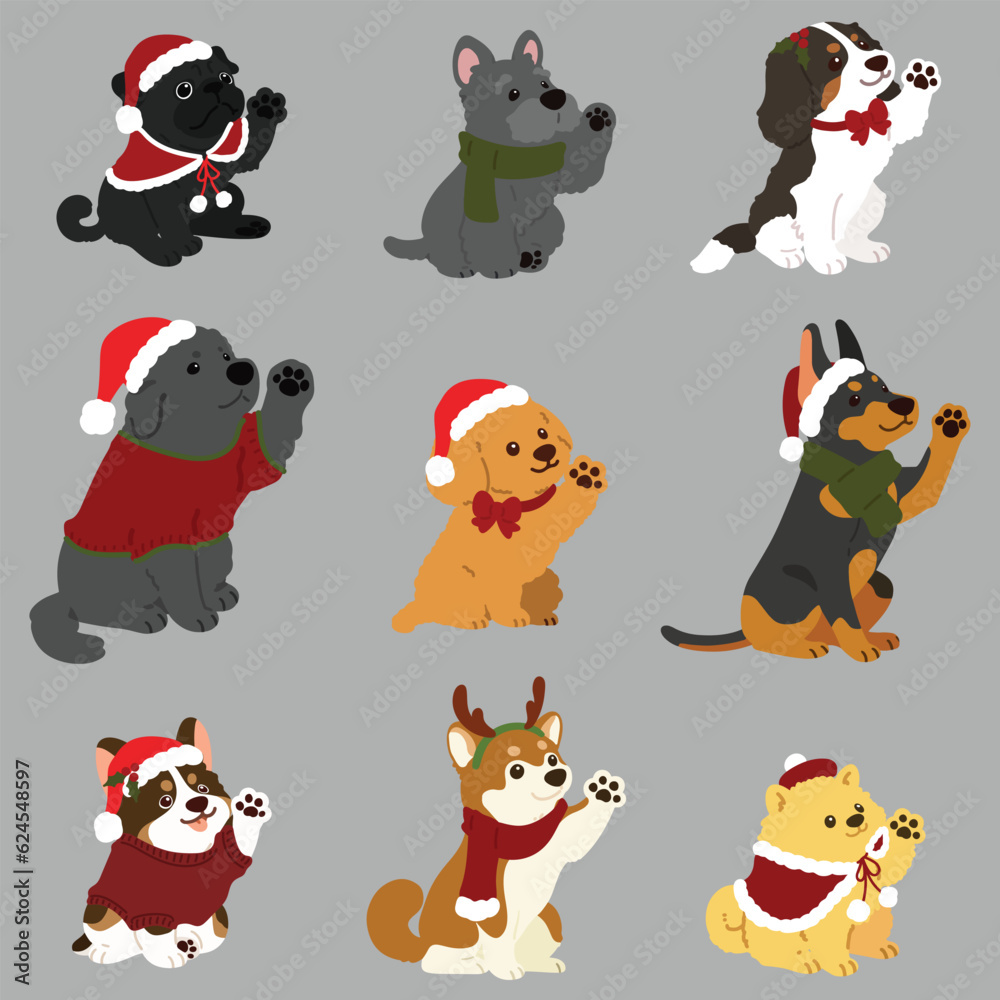 Naklejka premium Simple and cute Christmas illustrations with adorable dogs waving hands