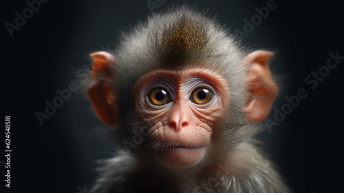 Close-up portrait of a small monkey. Bengal macaque on a black background. Wild exotic animal on a horizontal banner. Generative AI.
