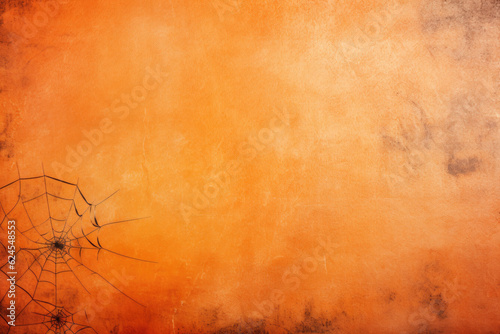 Spiderweb with spider on orange background with space for text.