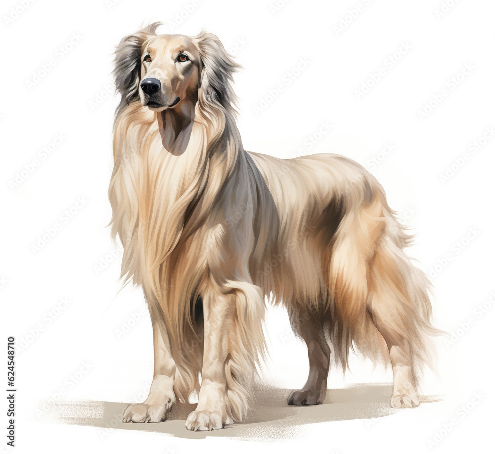 Fototapeta premium Afghan hound dog standing in a white backround, long beautiful light brown flowing hair .