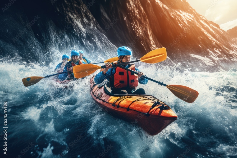 A close - up shot of a group of friends engaged in kayaking or rafting on a fast - flowing river with rocky cliffs in the background